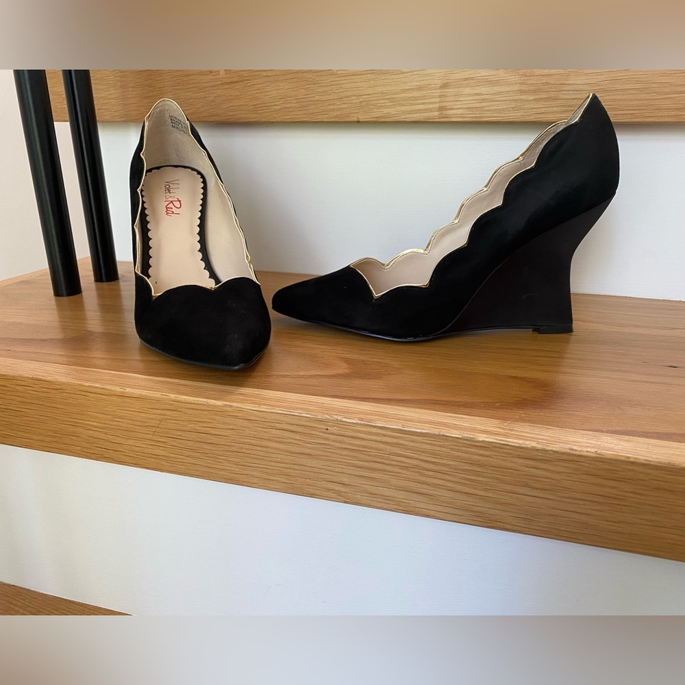Suede and Satin Wedge Heels With Gold Scalloped Edge - 7.5 New